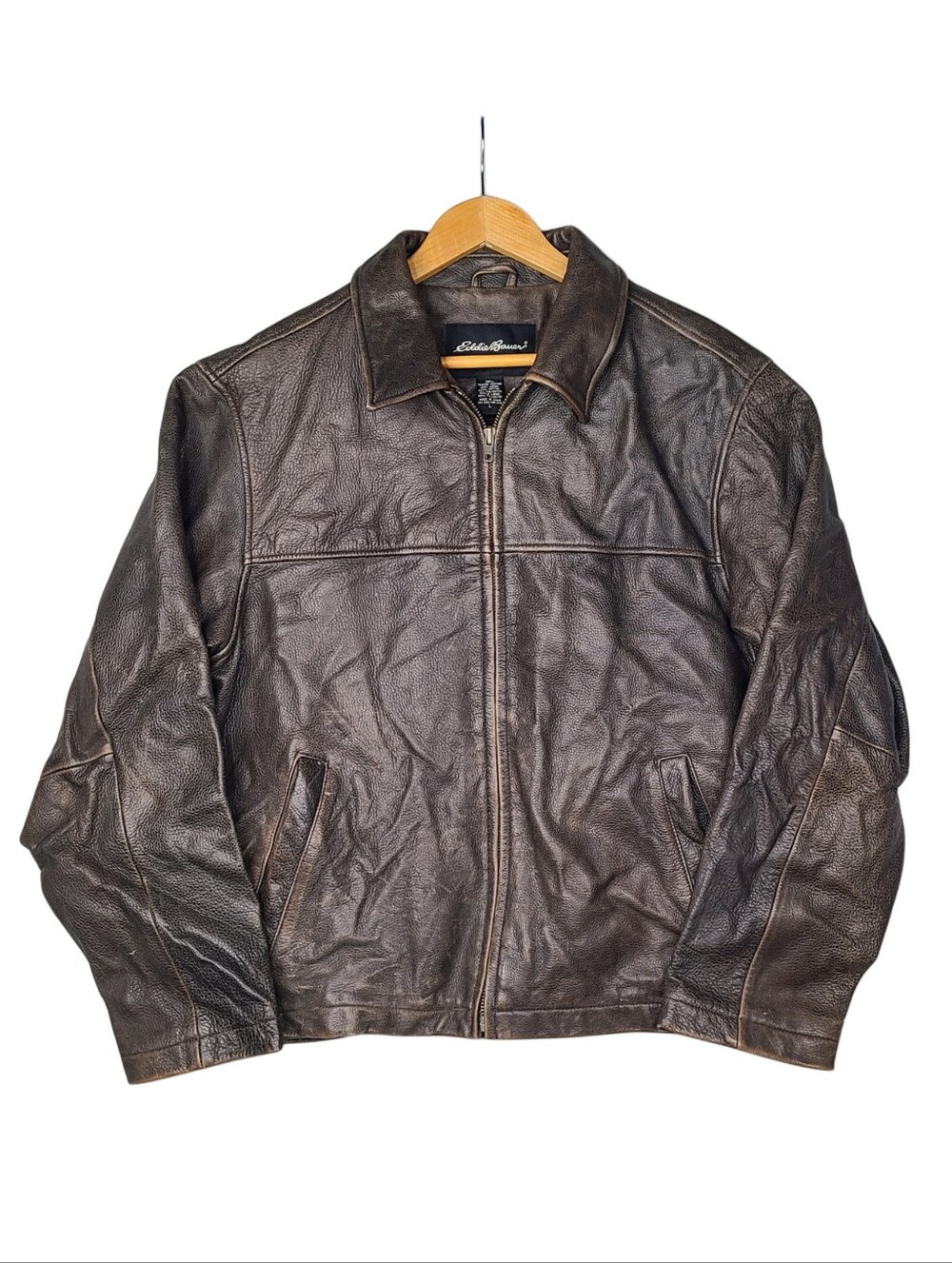 Vintage Eddie Bauer Pebbled Patina Leather Bomber Motorcycle Jacket Mens Large